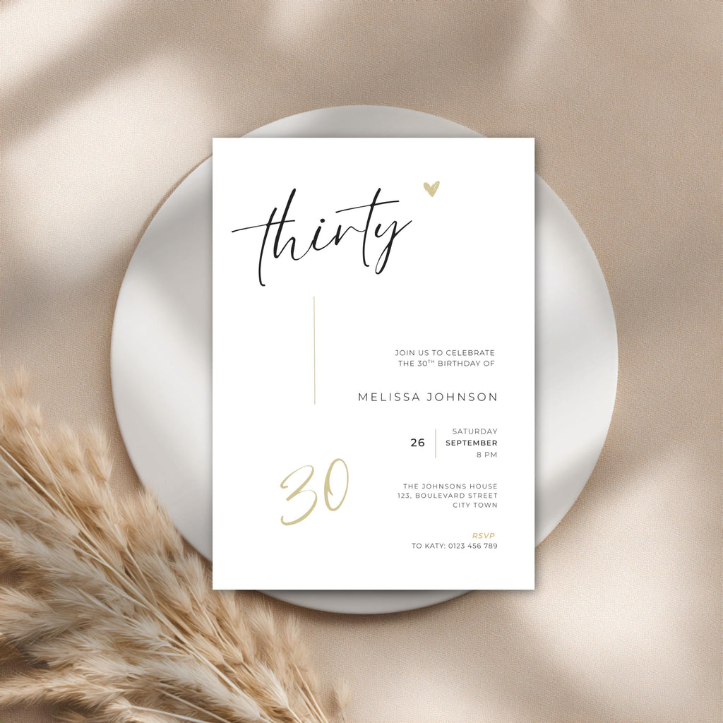 Invitation card for a 30th birthday celebration on a neutral background with pampas grass.