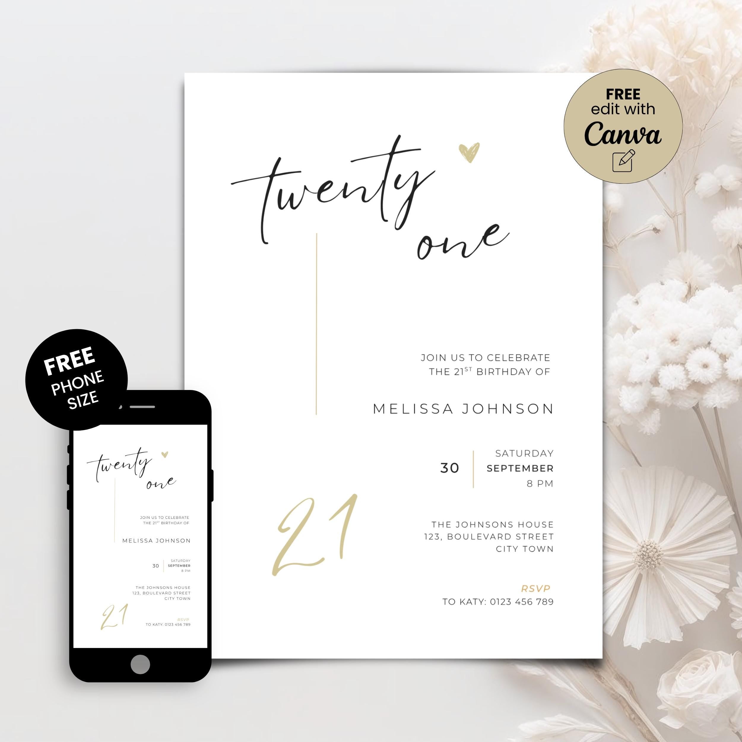 Minimal 21st Birthday Invitation Template