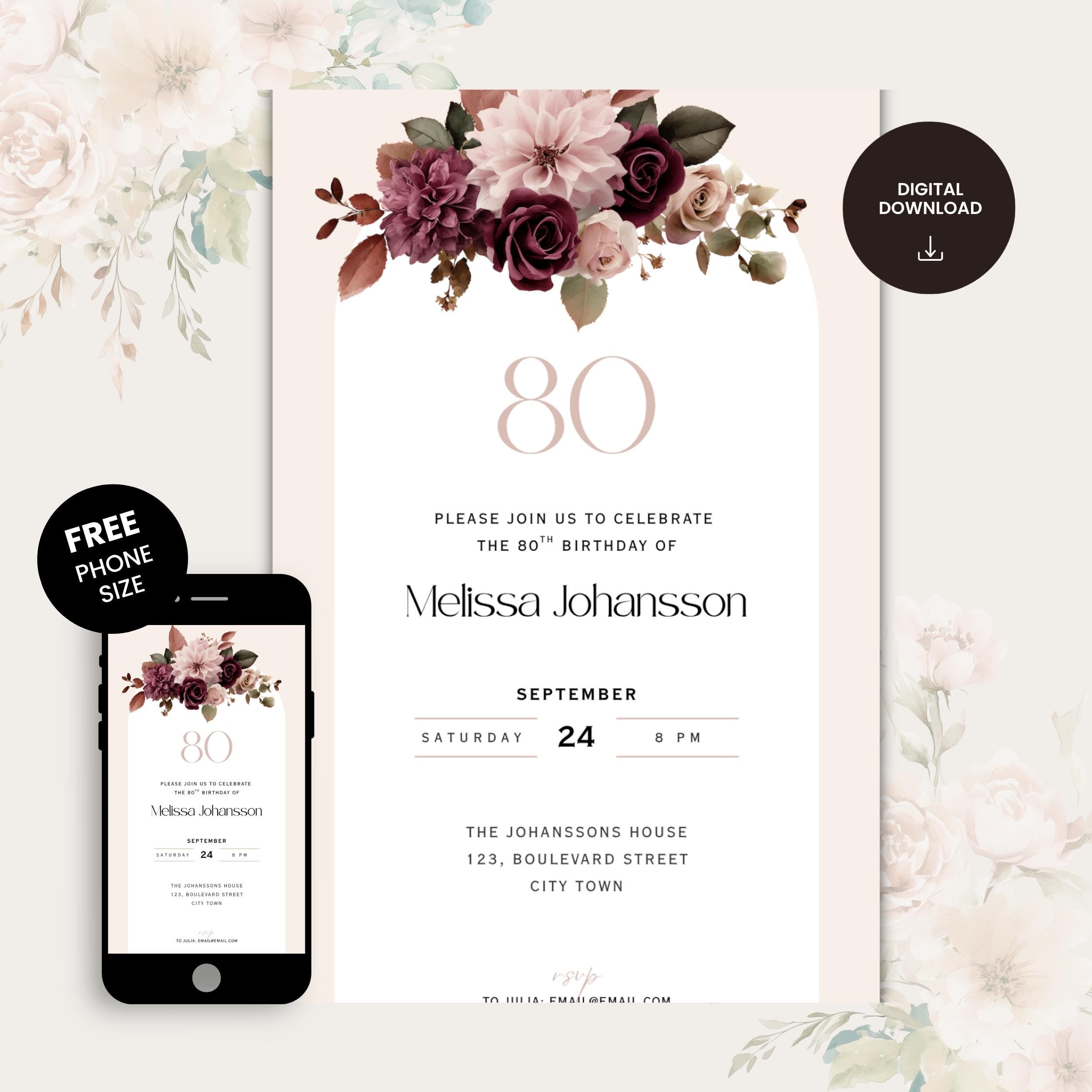Pink Floral 80th Birthday Invitation