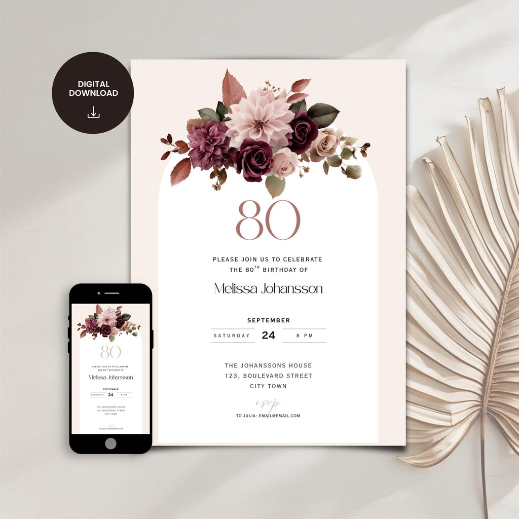 Pink Floral 80th Birthday Invitation
