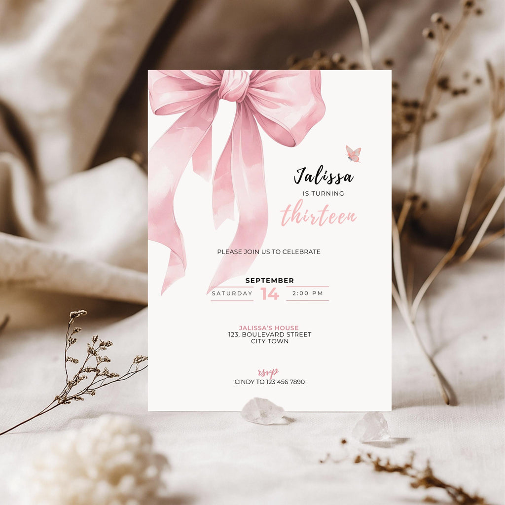 Pink Bow Coquette 13th Birthday Invitation