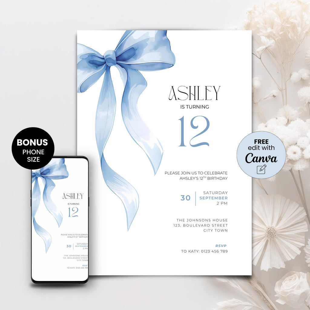 Blue Bow Watercolor 12th Birthday Invitation