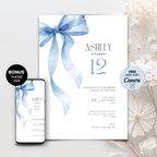 Blue Bow Watercolor 12th Birthday Invitation