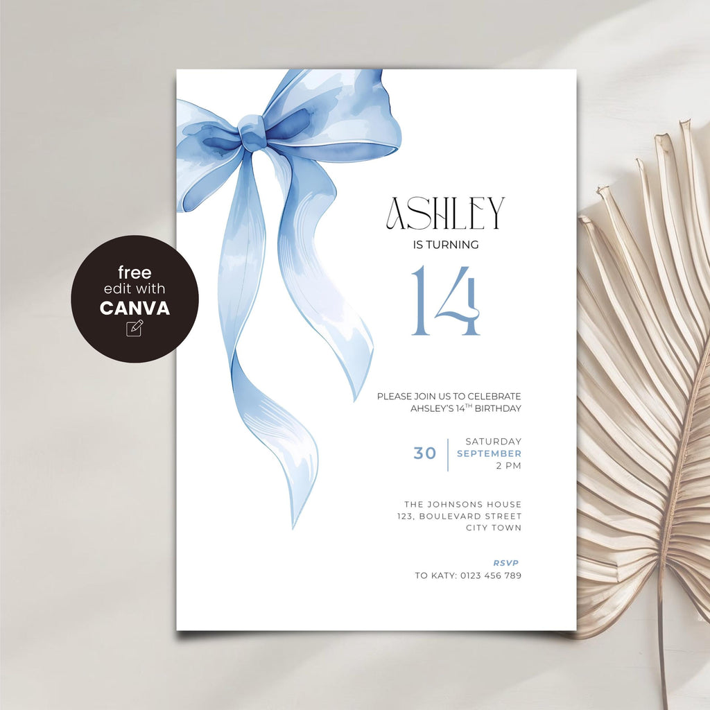 Blue Bow Watercolor 14th Birthday Invitation