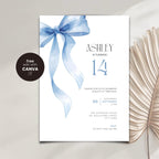 Blue Bow Watercolor 14th Birthday Invitation