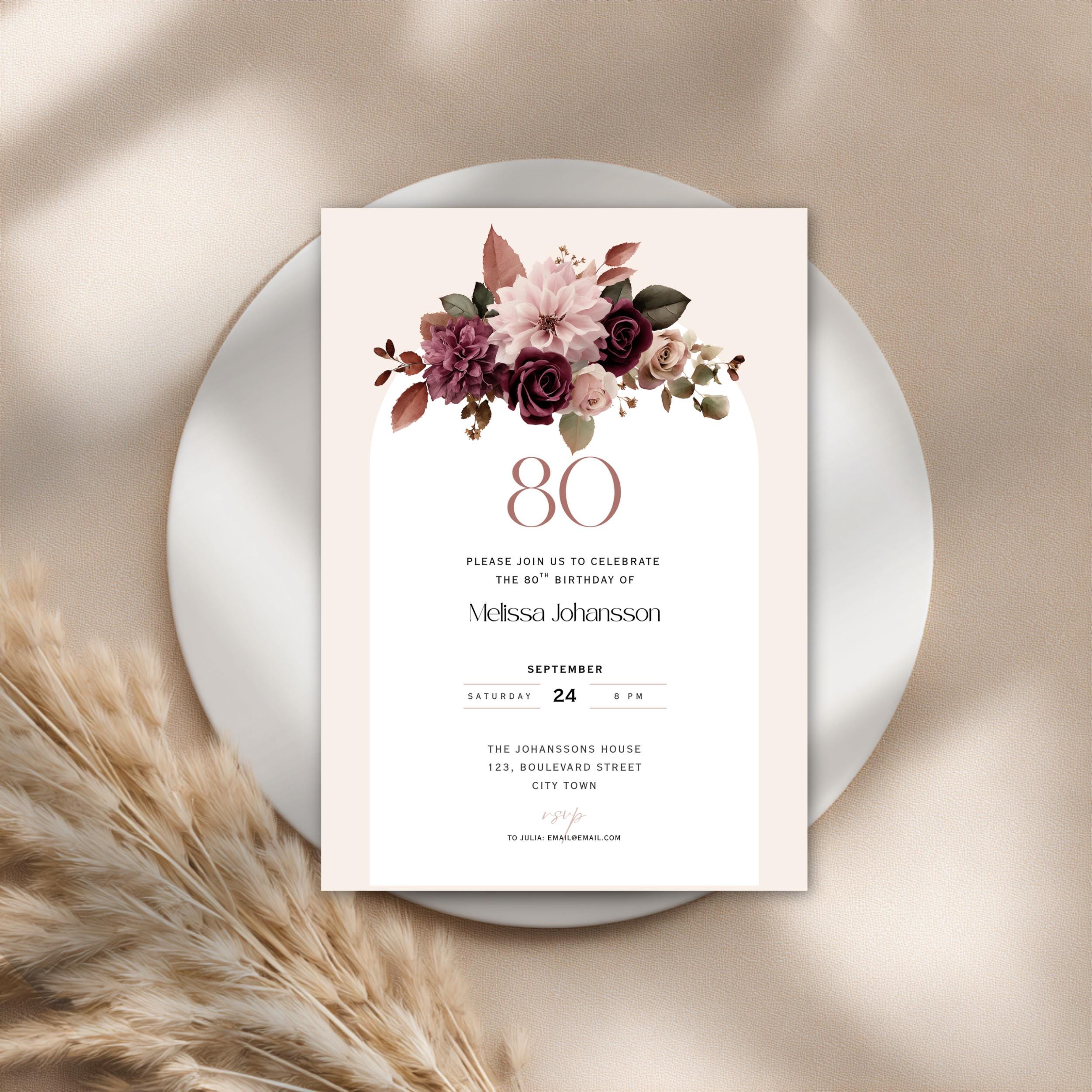 Pink Floral 80th Birthday Invitation