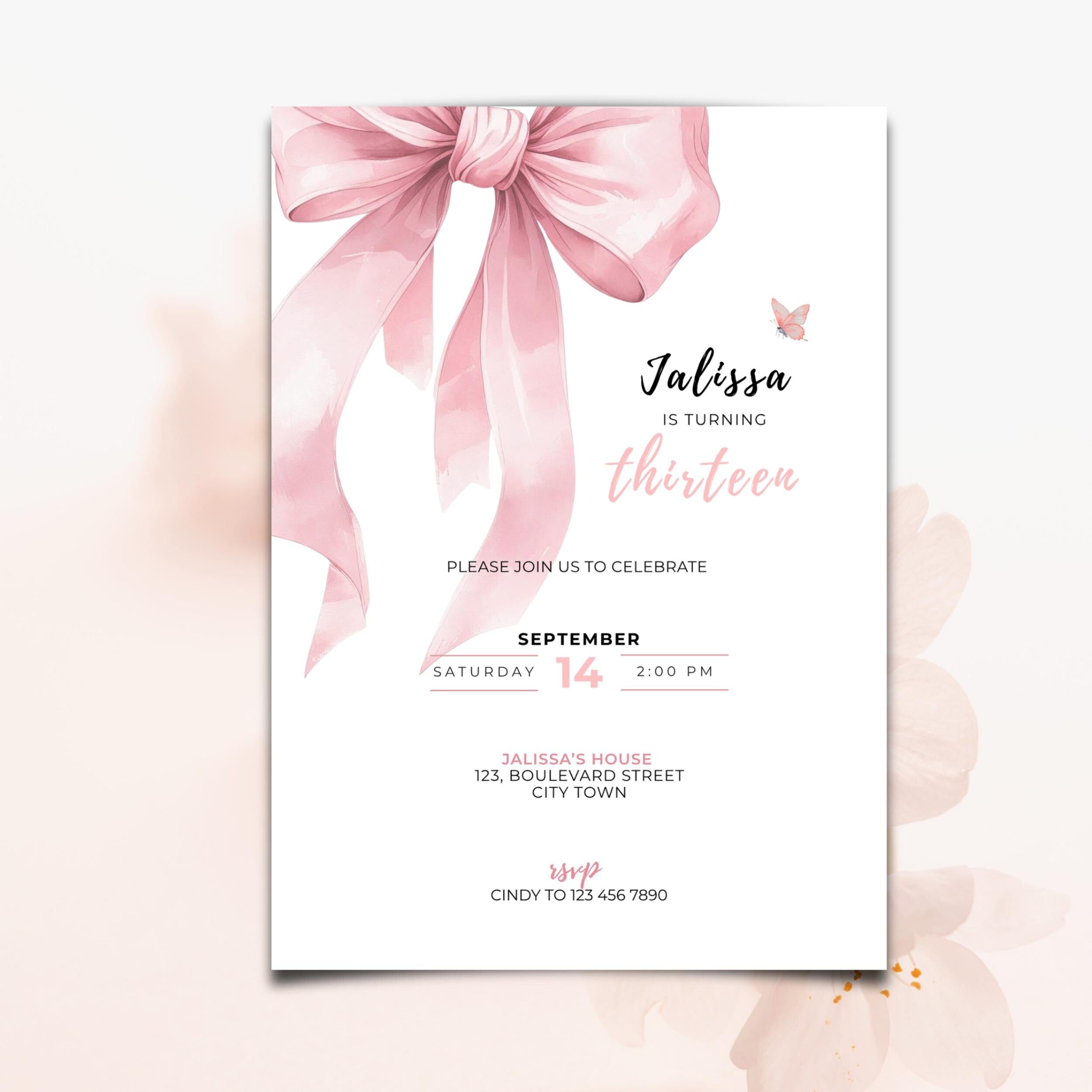 Pink Bow Coquette 13th Birthday Invitation