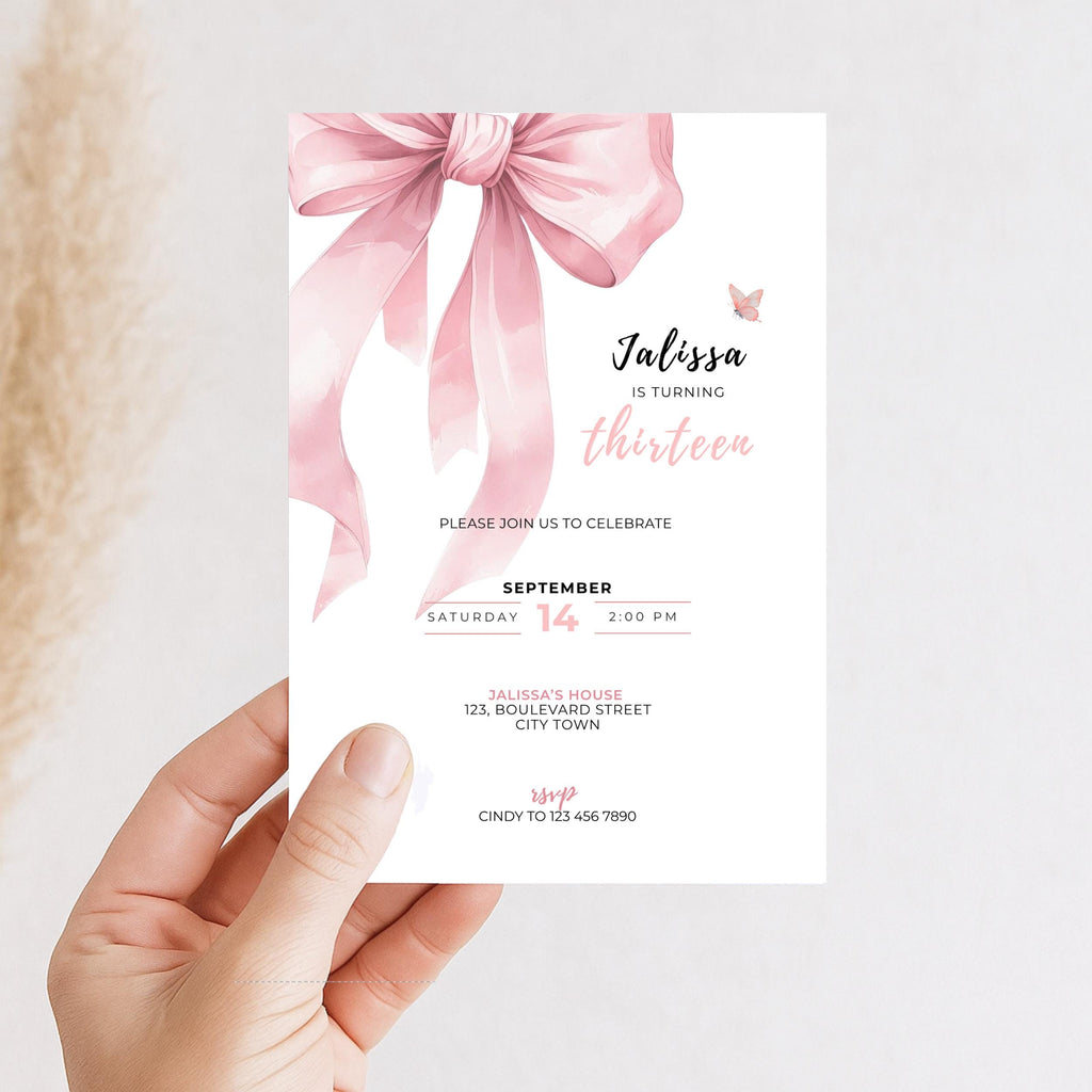 Pink Bow Coquette 13th Birthday Invitation