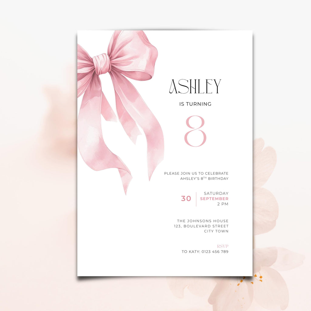 Pink Bow 8th Birthday Invitation for Girls