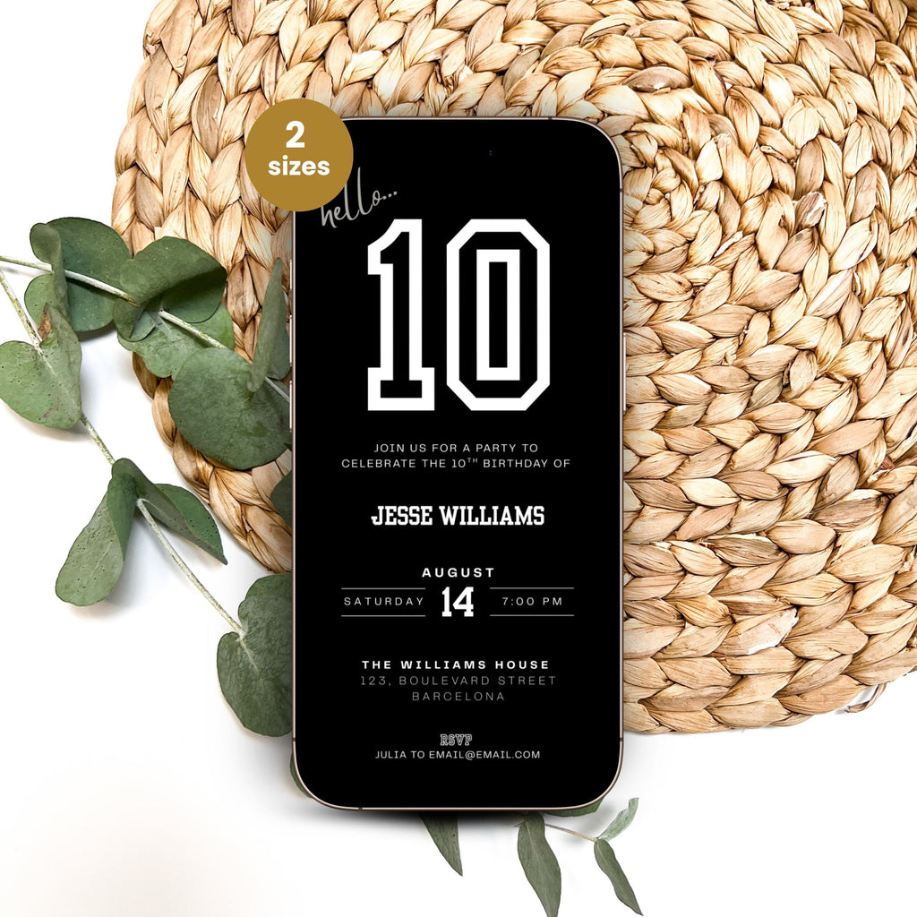Black 10th Birthday Invitation for Boys