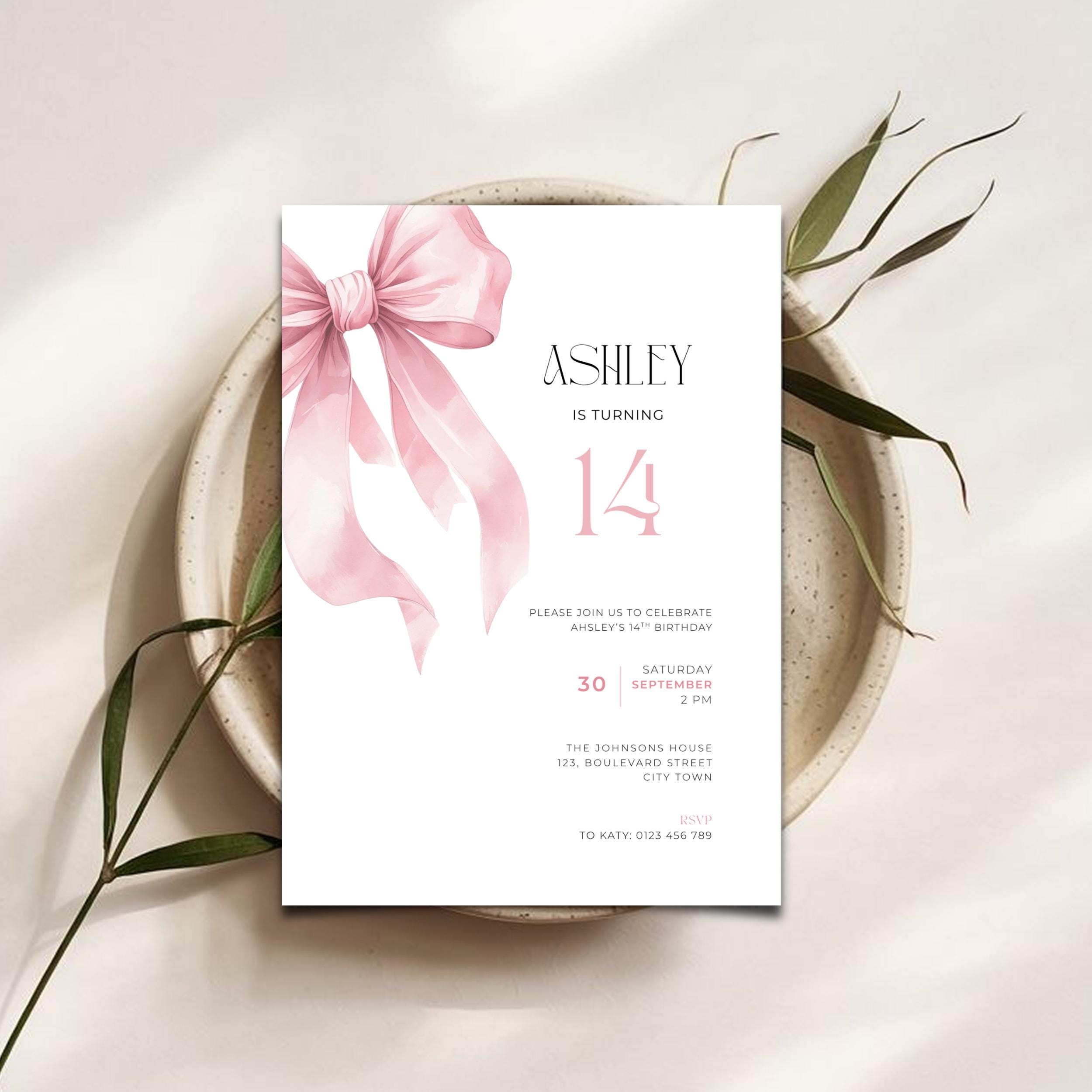 Pink Bow Coquette 14th Birthday Invitation