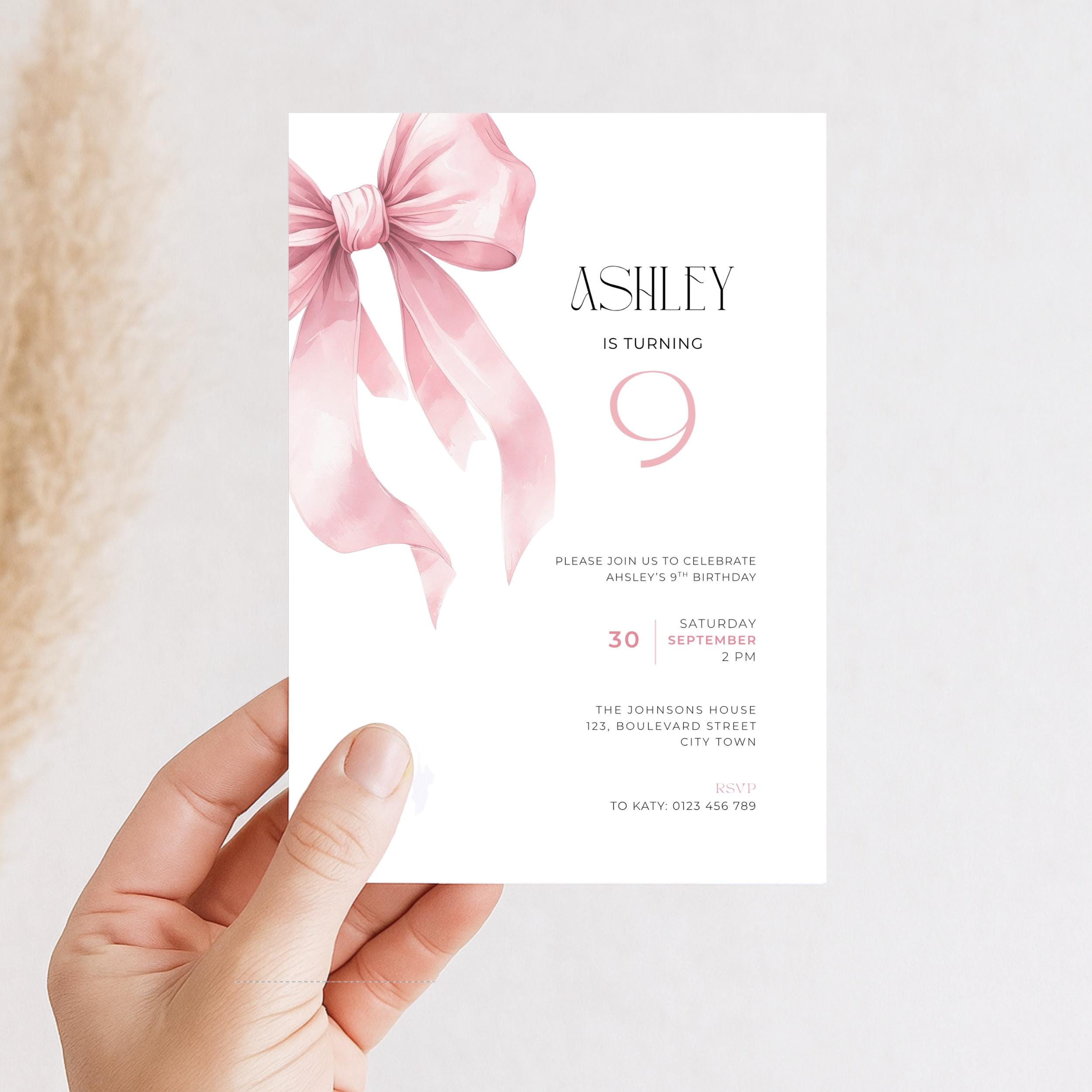 Pink Bow Coquette 9th Birthday Invitation Girls