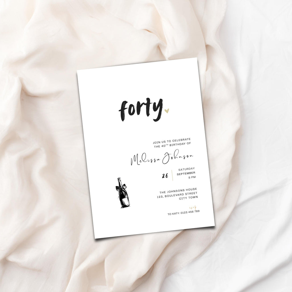Invitation card for a 40th birthday celebration on a soft fabric background