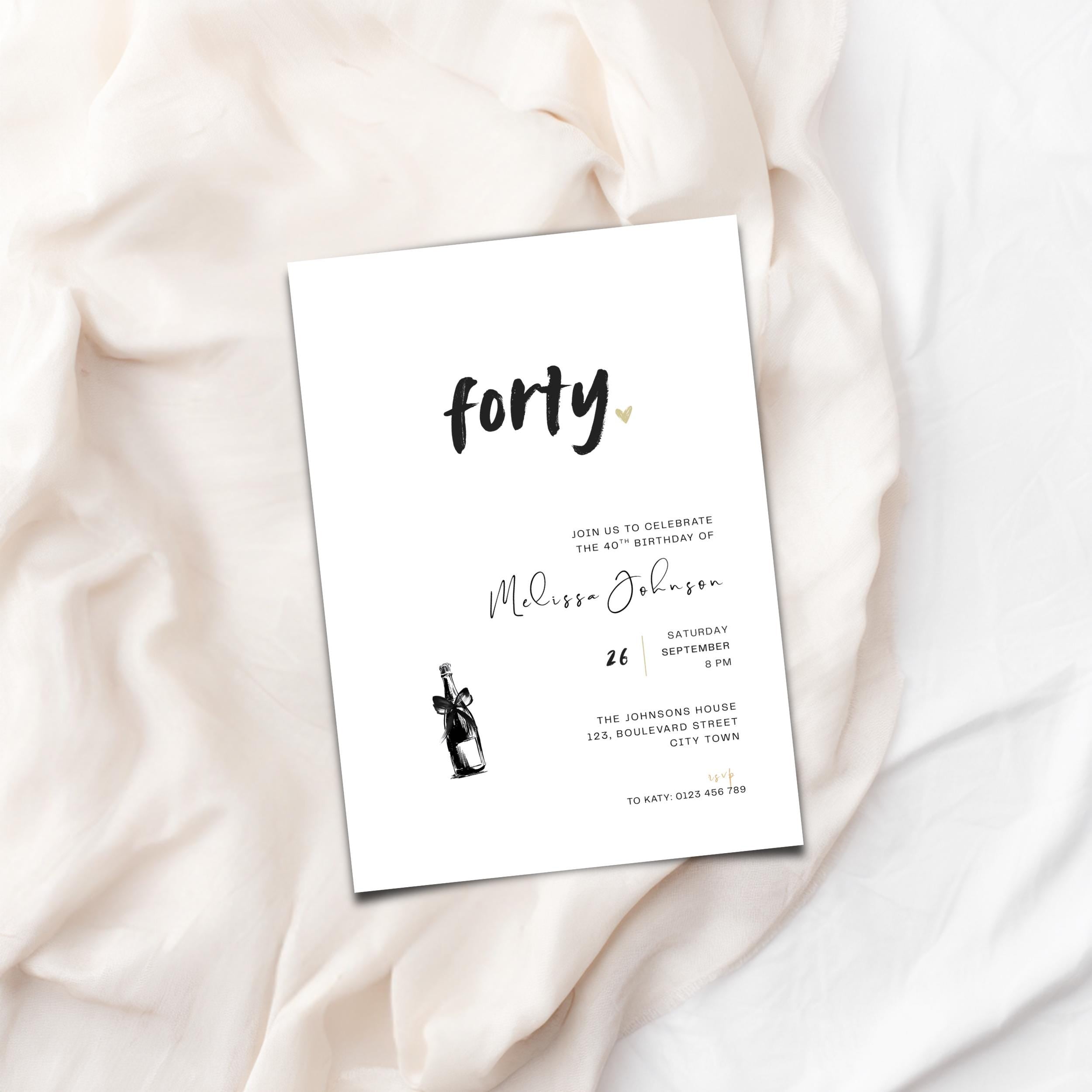 Invitation card for a 40th birthday celebration on a soft fabric background