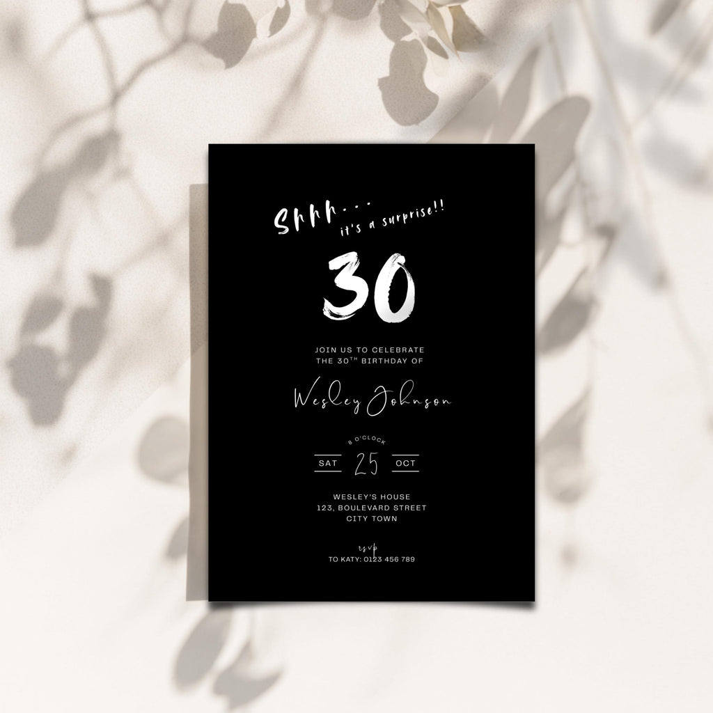 Surprise Black 30th Birthday Invitation Men