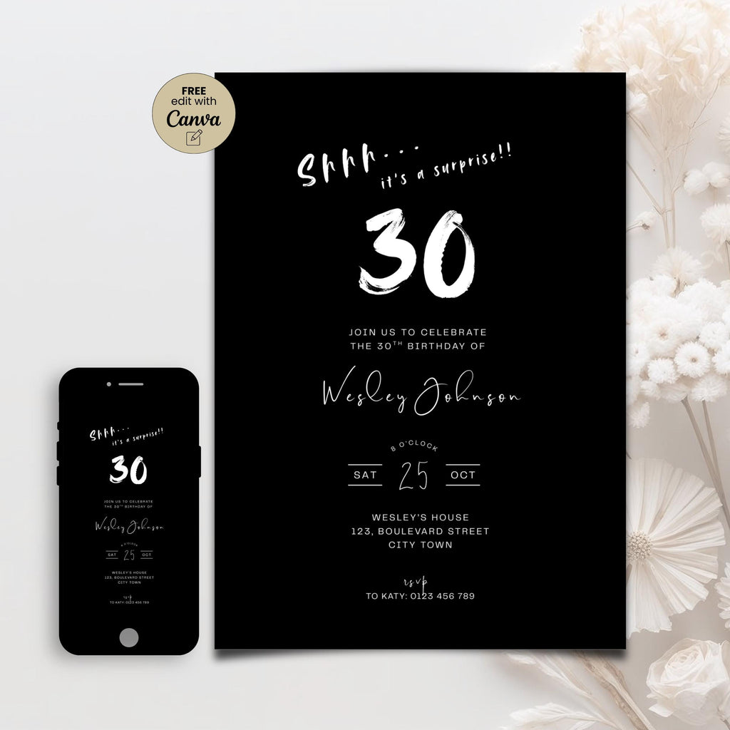 Surprise Black 30th Birthday Invitation Men