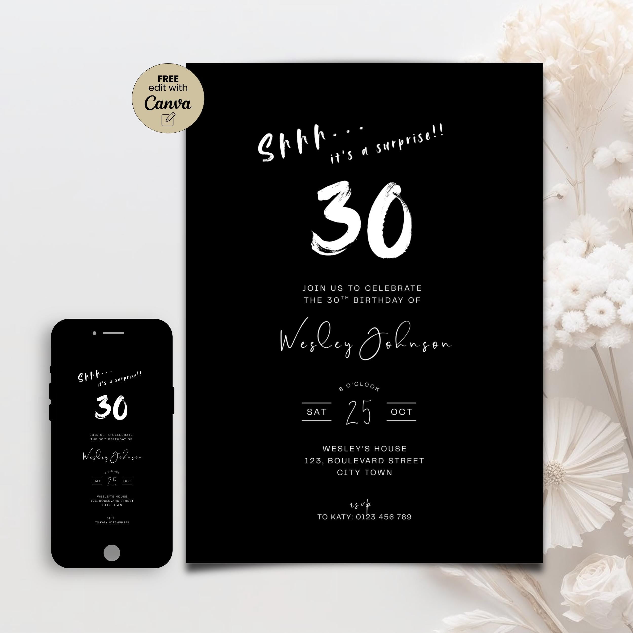 Surprise Black 30th Birthday Invitation Men