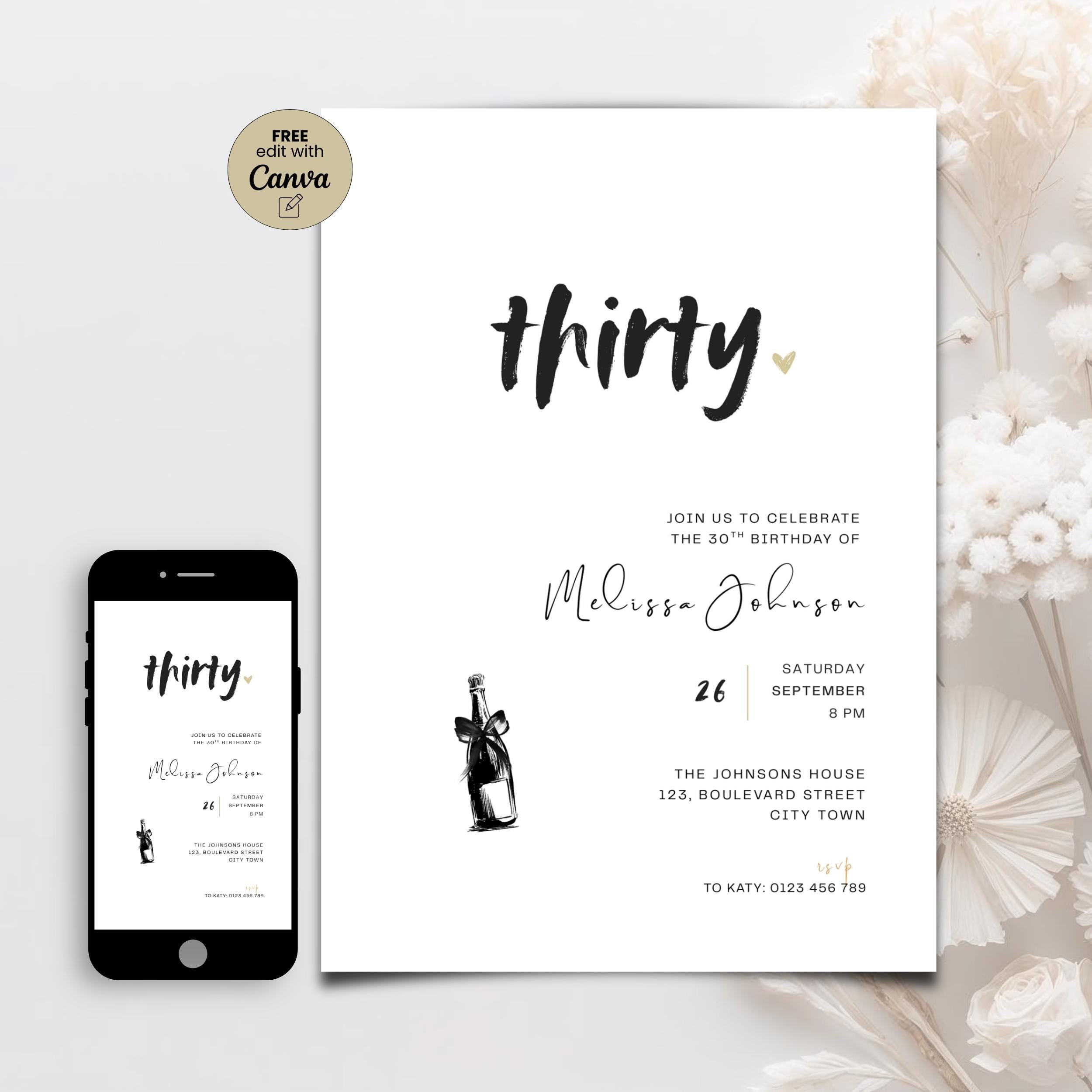 Modern Simple 30th Birthday Invitations