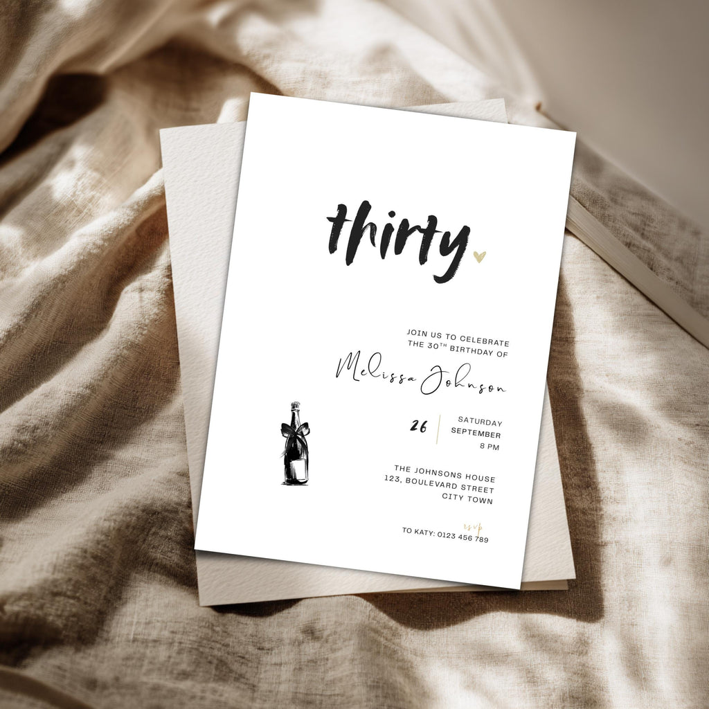 Invitation card for a 30th birthday celebration on a textured fabric background