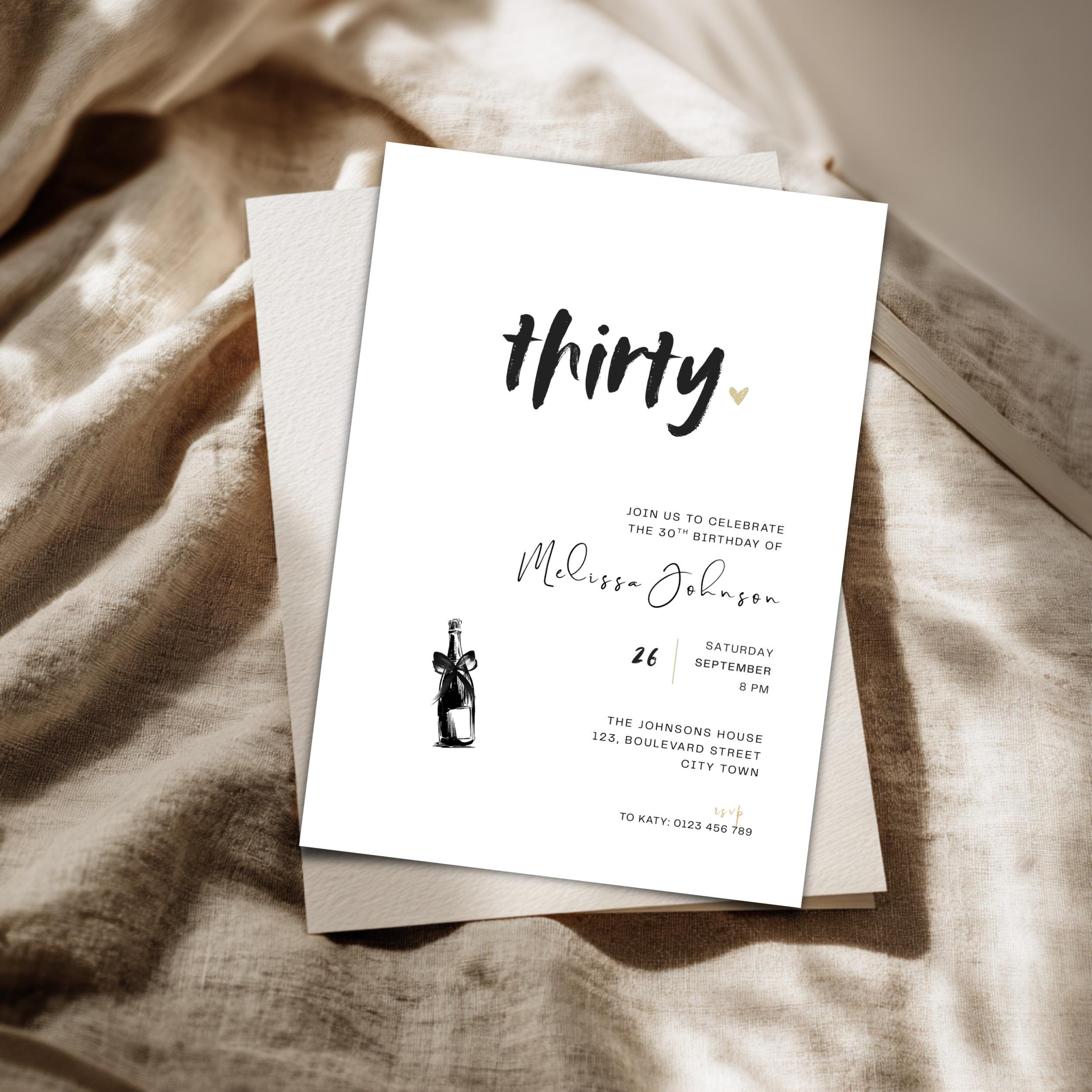 Invitation card for a 30th birthday celebration on a textured fabric background