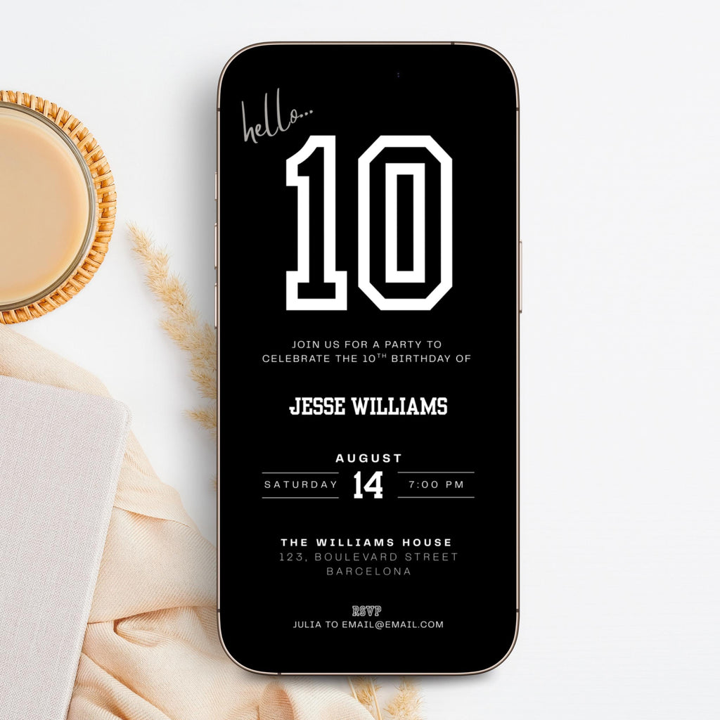 Black 10th Birthday Invitation for Boys