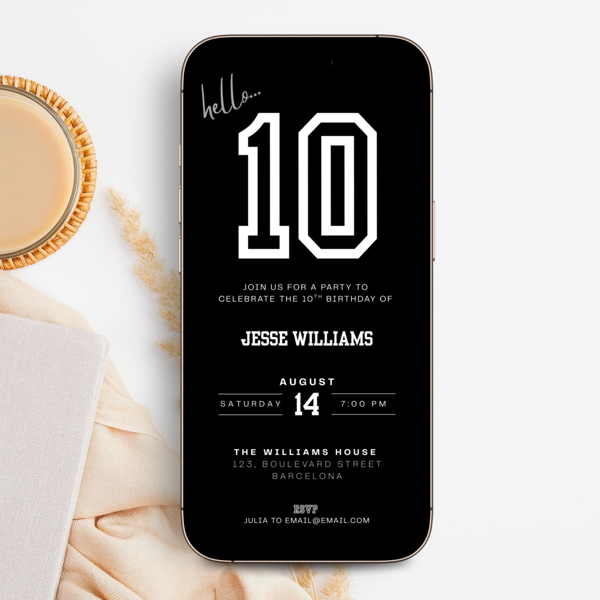 Black 10th Birthday Invitation for Boys