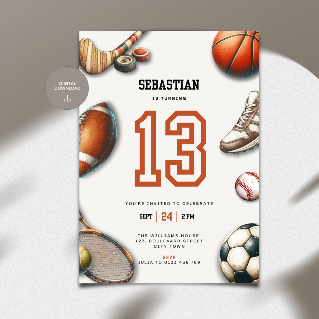 Sports Balls 13th Birthday Invitation