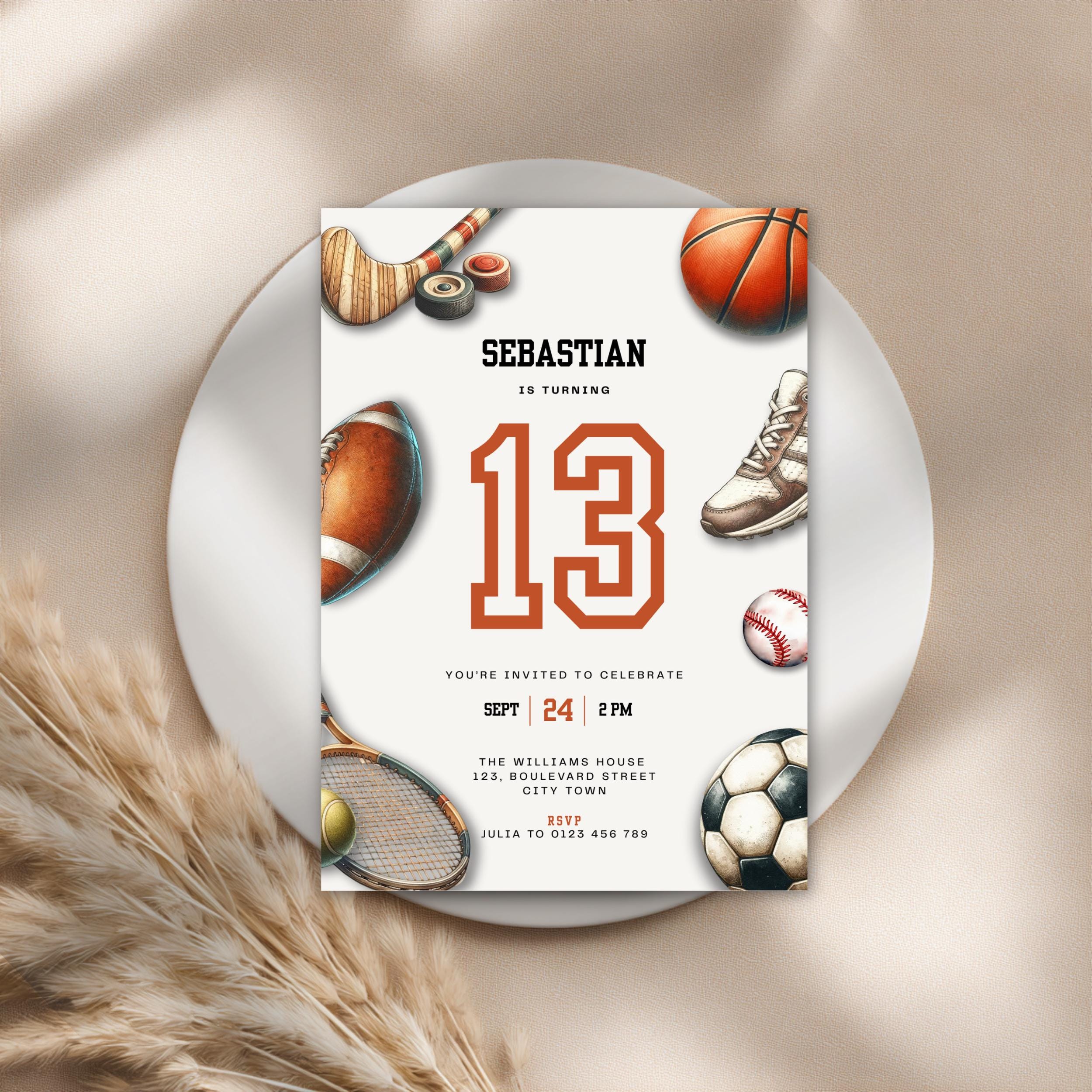 Sports Balls 13th Birthday Invitation
