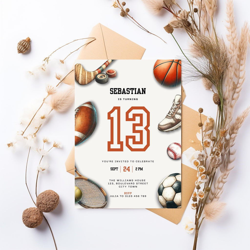 Sports Balls 13th Birthday Invitation
