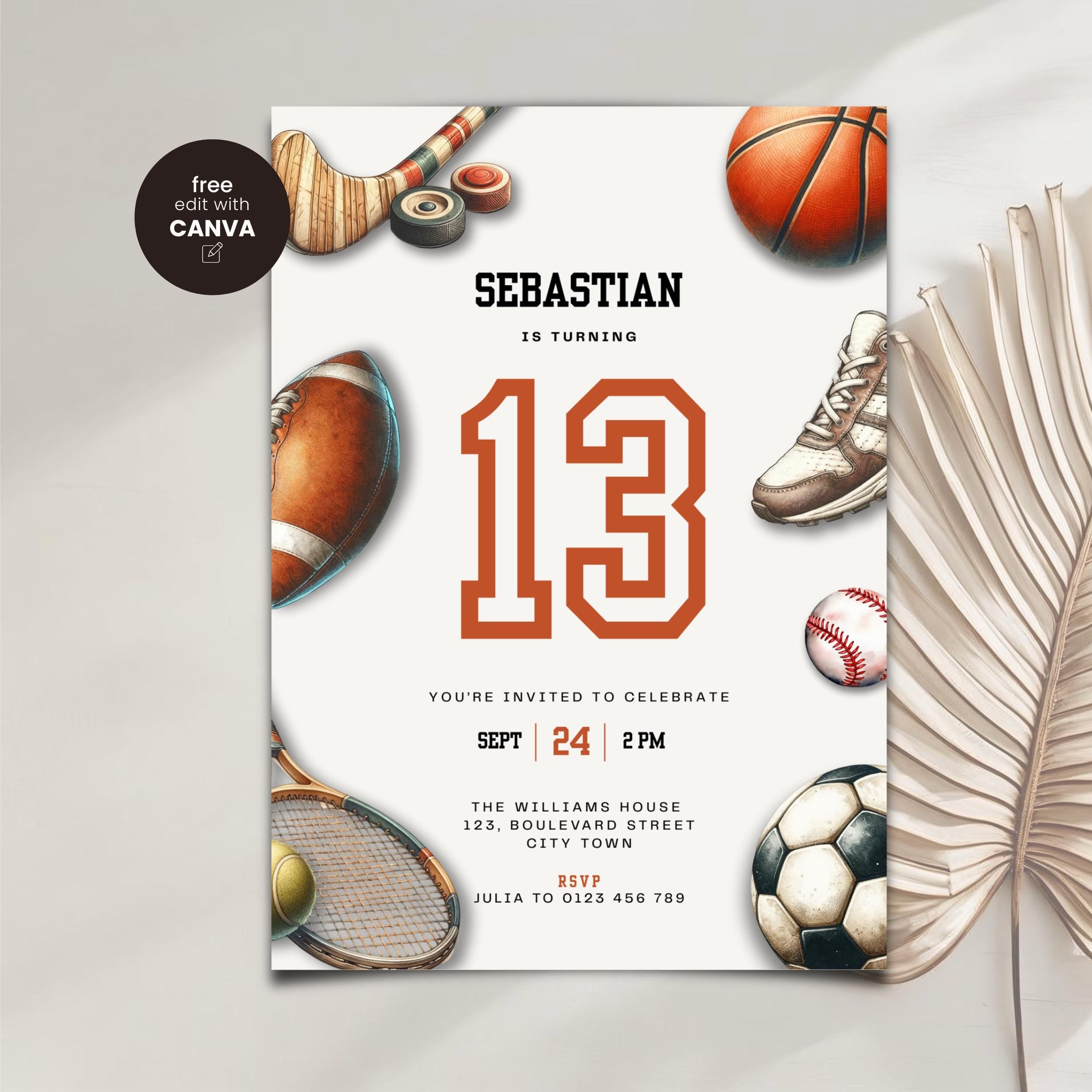 Sports Balls 13th Birthday Invitation