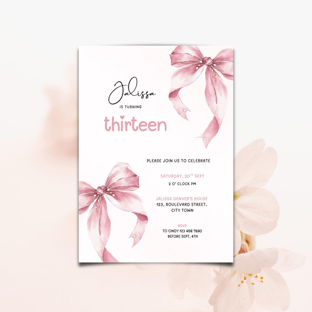 Pink Bow Watercolor 13th Birthday Invitation