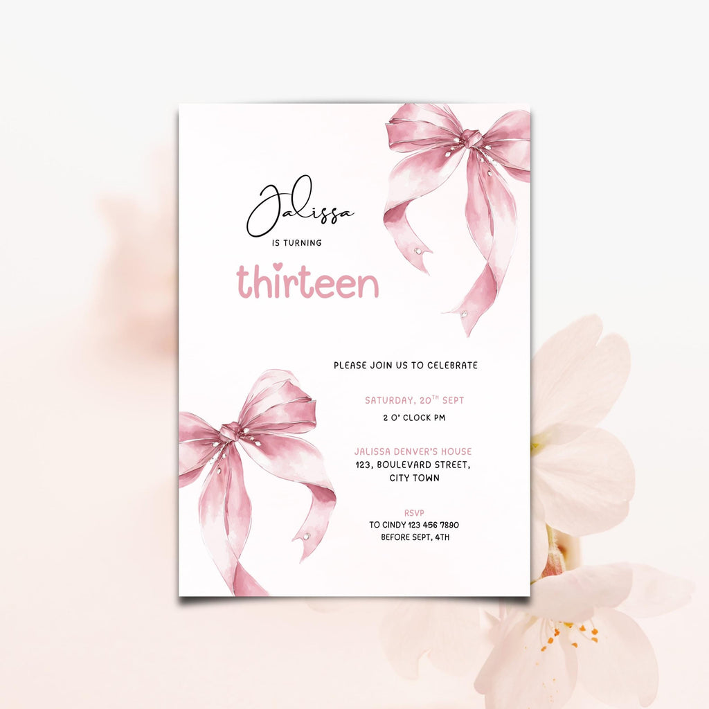 Pink double bow 13th birthday invitation template preview, editable in Canva