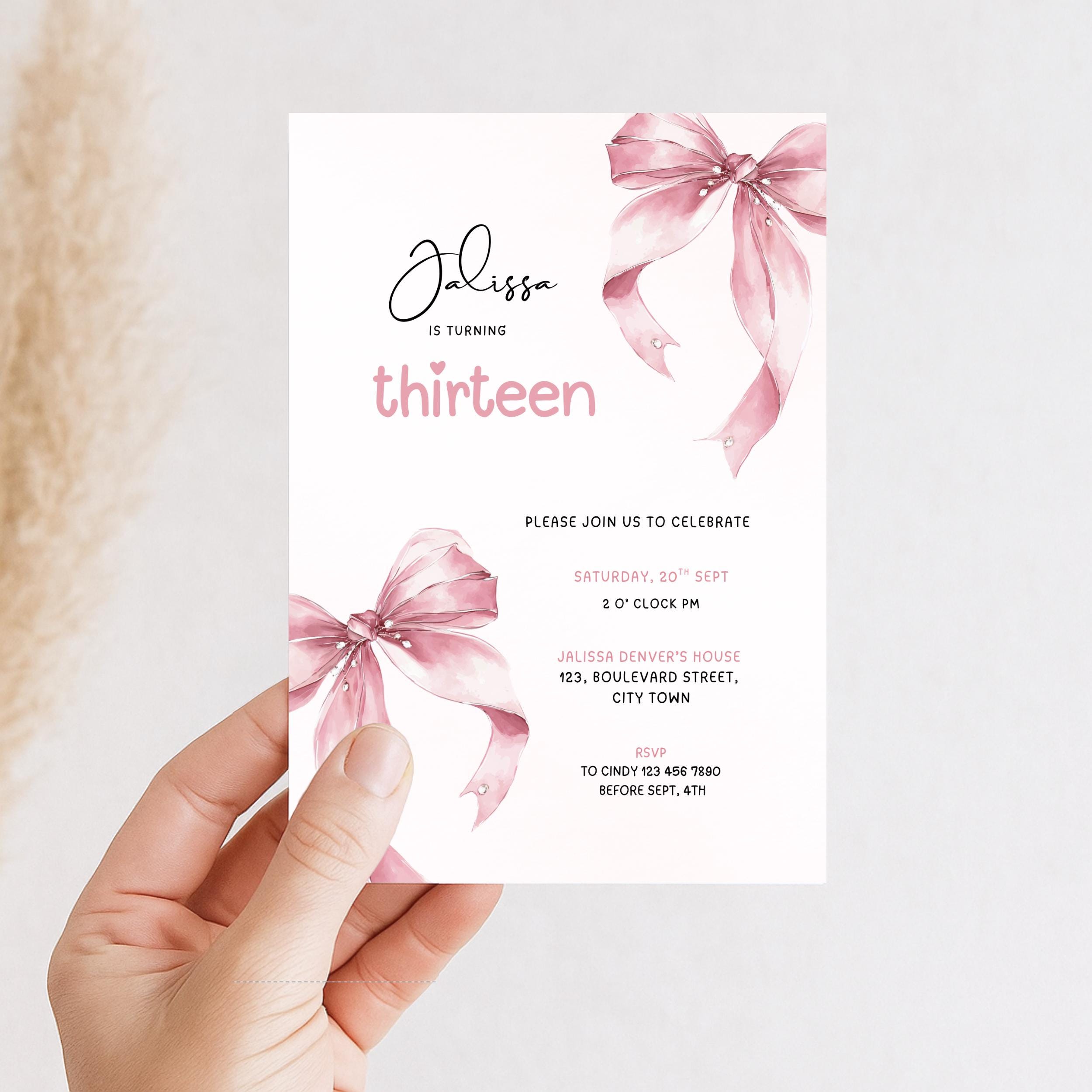 Pink Bow Watercolor 13th Birthday Invitation