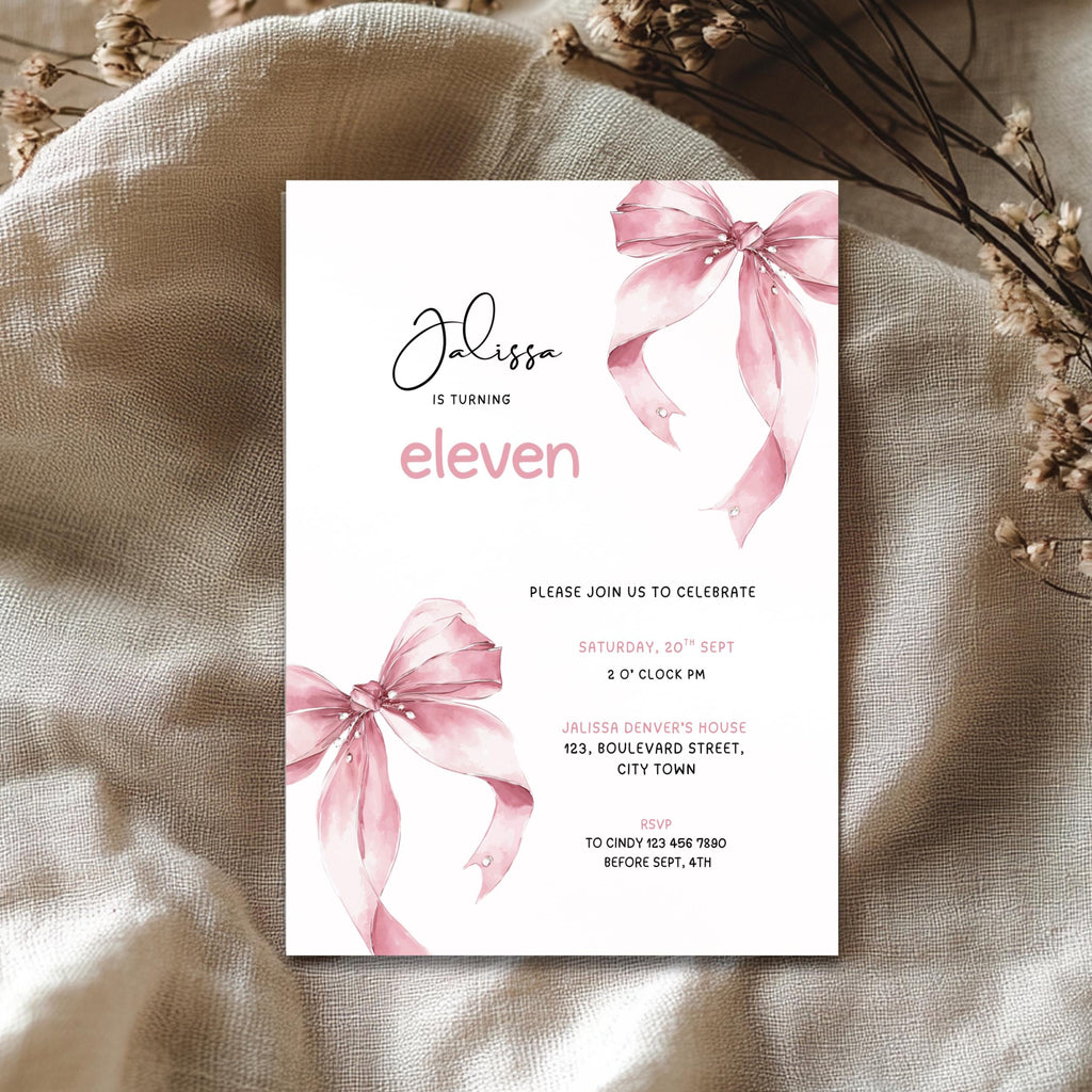 Pink Bows 11th Birthday Invitation Girls