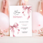 Pink Bow Watercolor 13th Birthday Invitation