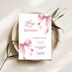 Pink Bow Watercolor 13th Birthday Invitation