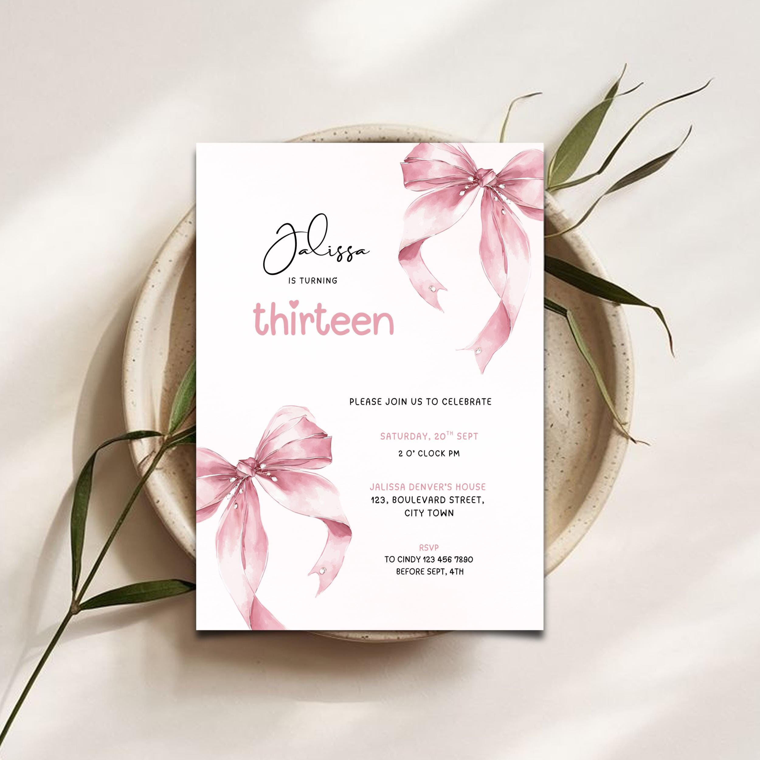 Pink Bow Watercolor 13th Birthday Invitation
