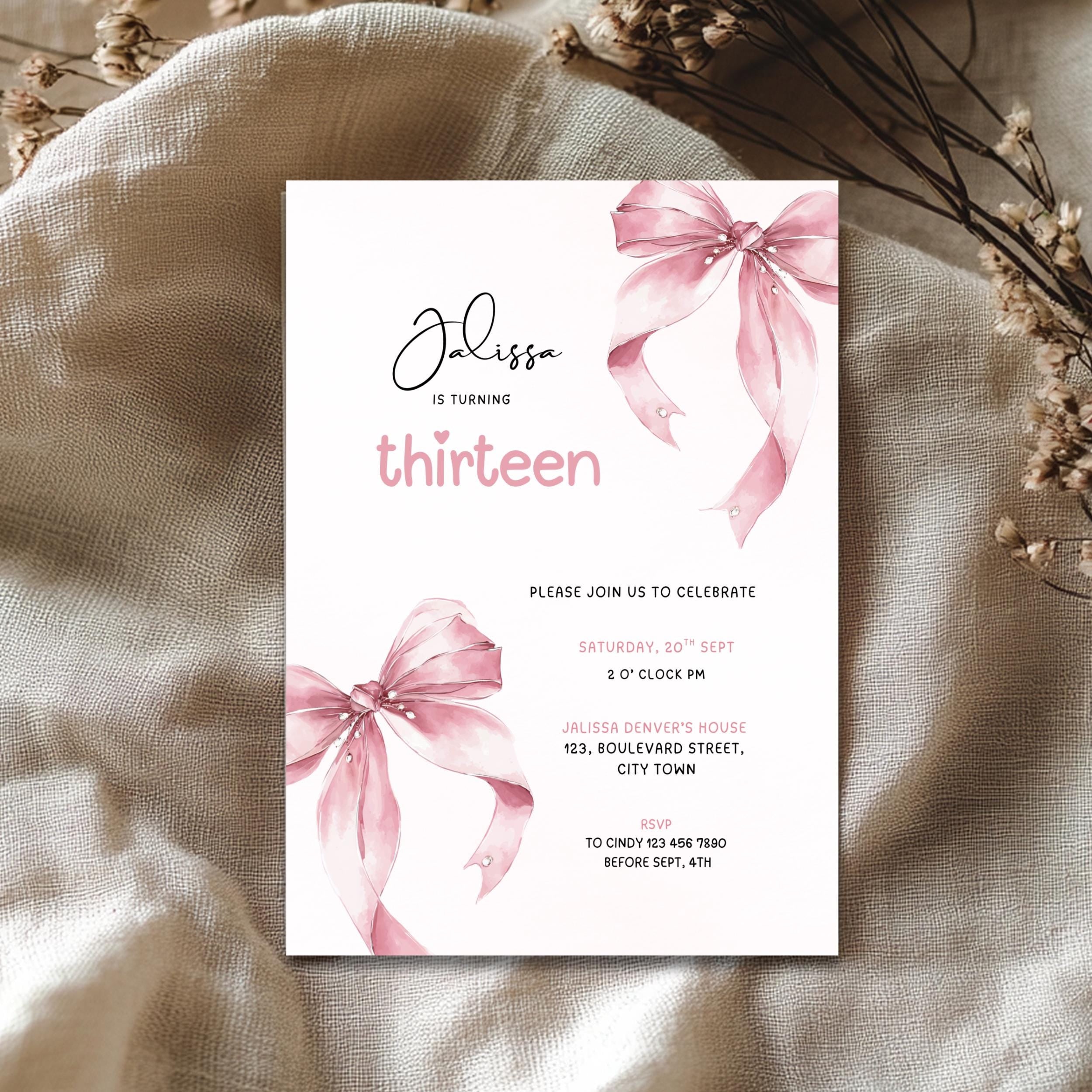 Pink Bow Watercolor 13th Birthday Invitation
