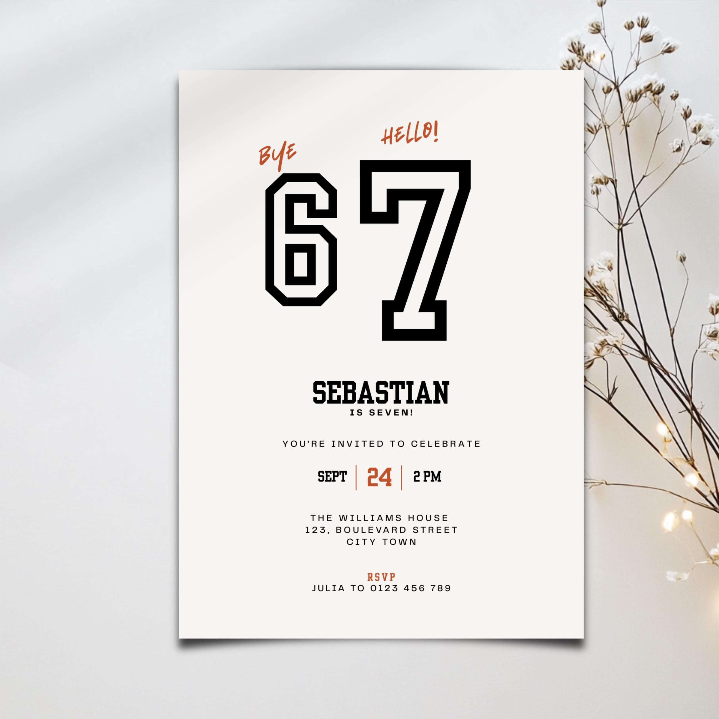 Minimal Sporty 6 7 Birthday Invitation