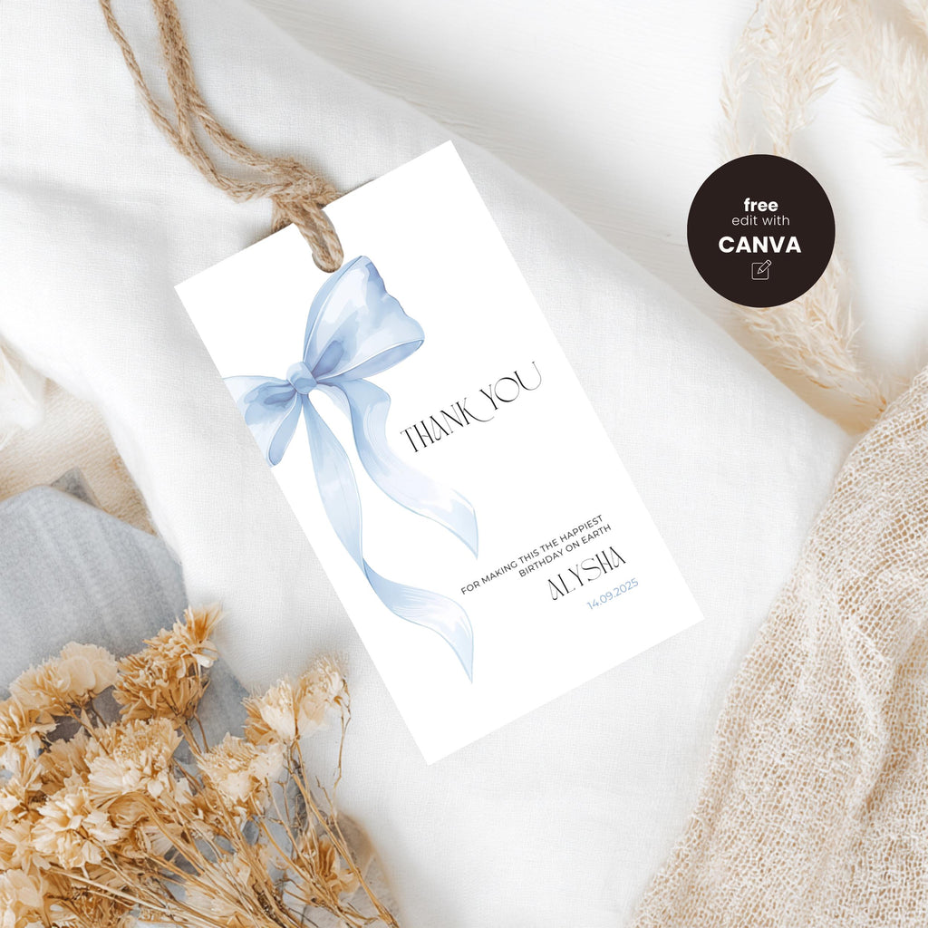 Blue Bow Thank You Birthday Favor Tag