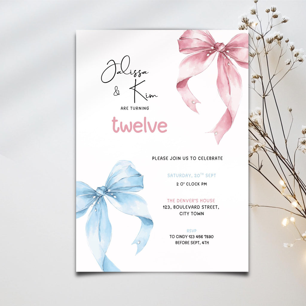Twin 12th Birthday Invitation Pink Blue Bow