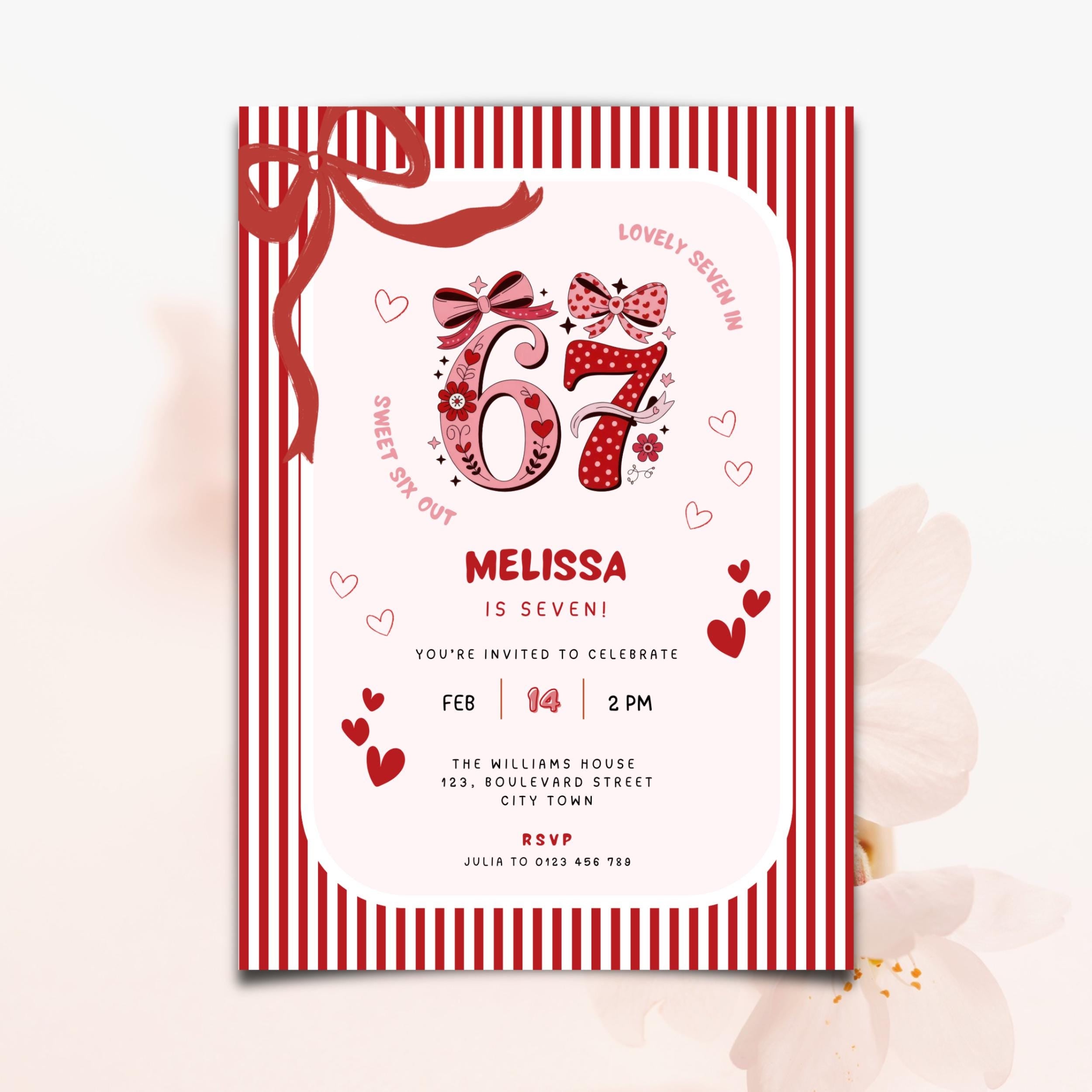 Pink Stripes Bow 6 7 Birthday Invitation