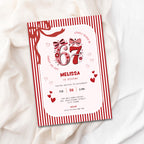 Pink Stripes Bow 6 7 Birthday Invitation