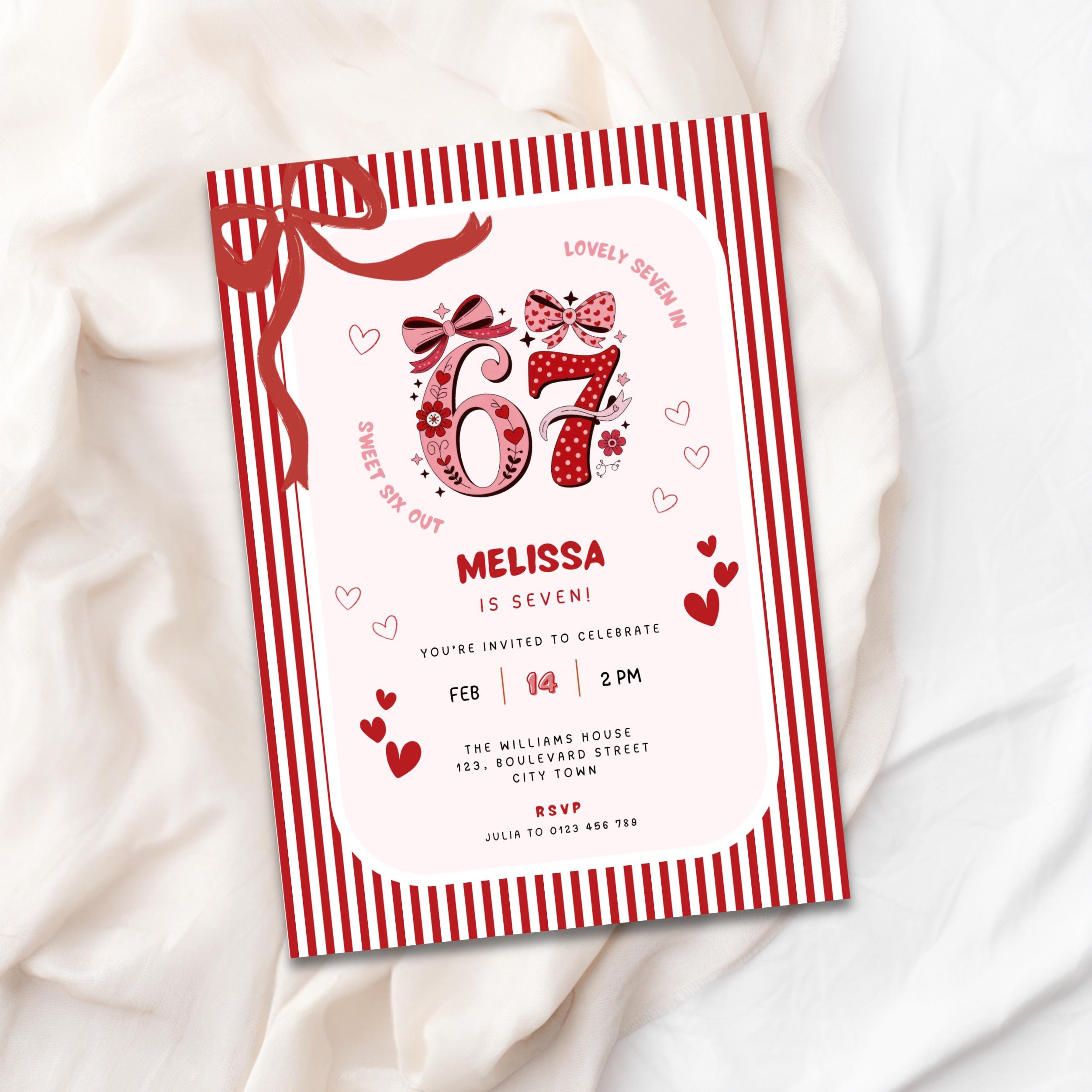 Pink Stripes Bow 6 7 Birthday Invitation