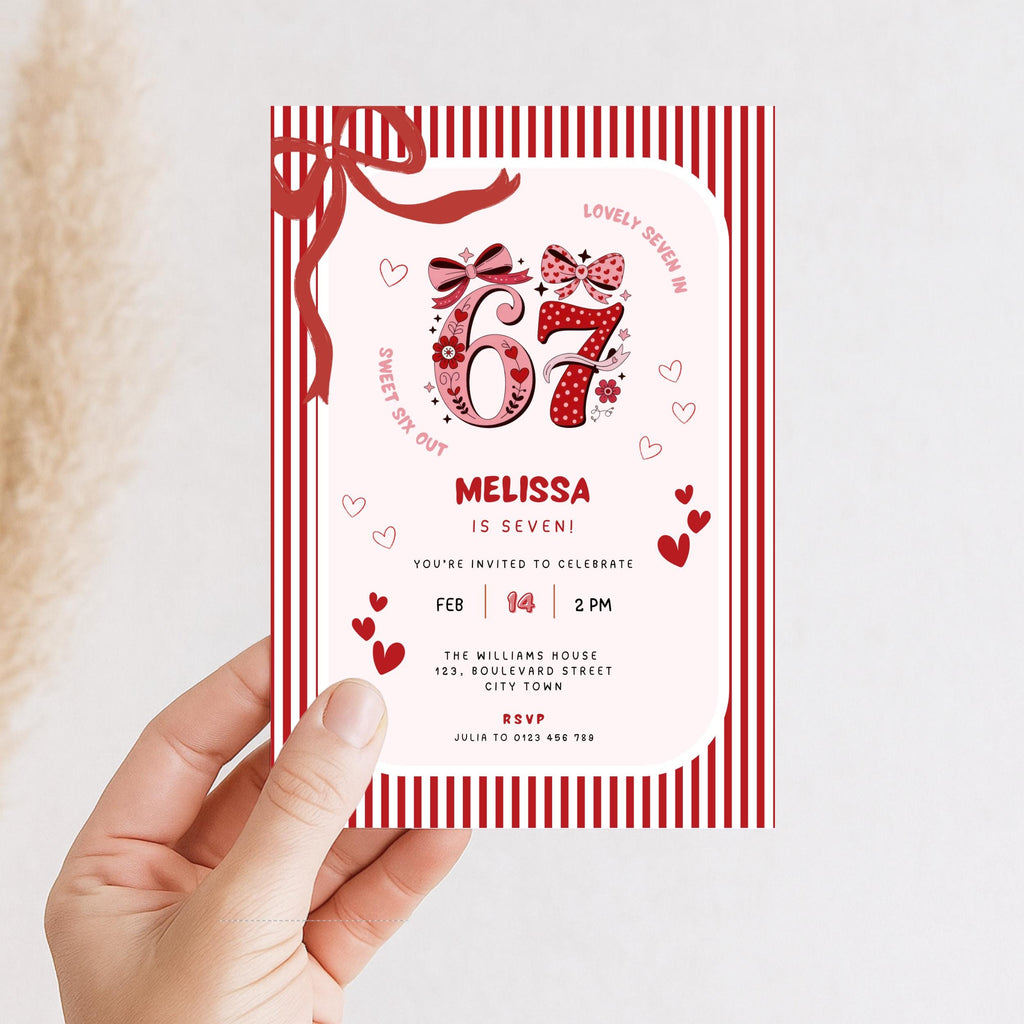Pink Stripes Bow 6 7 Birthday Invitation