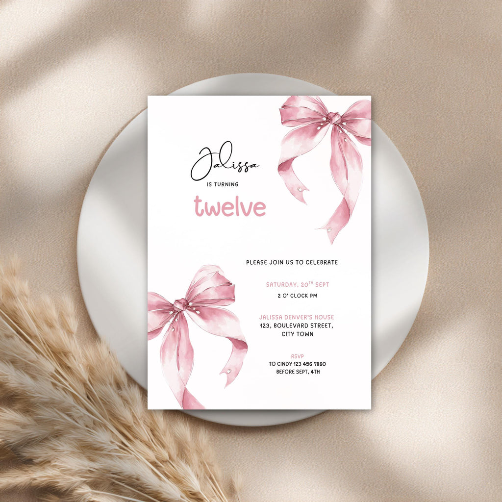 Pink Bow Coquette 12th Birthday Invitation Girls