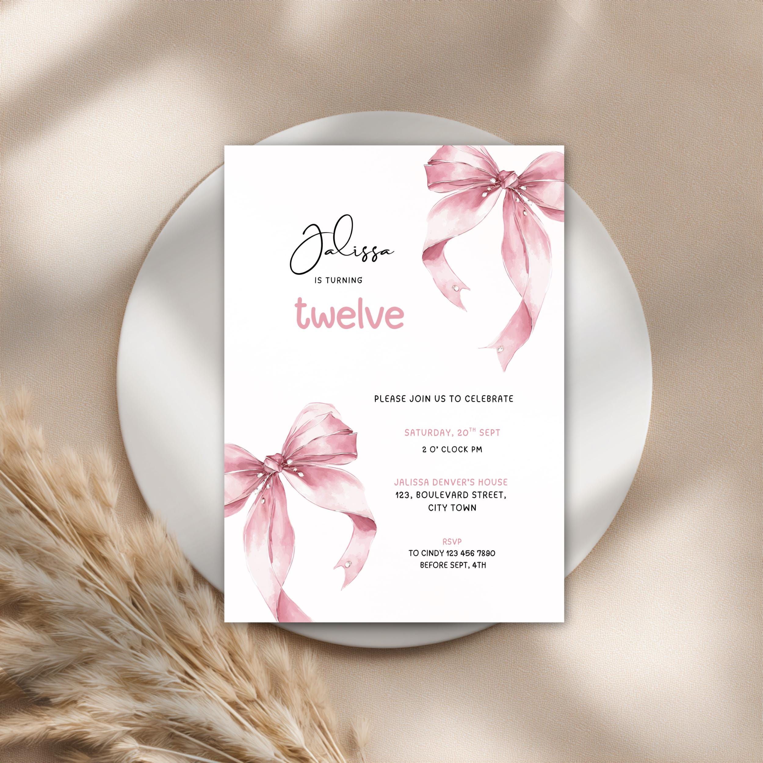 Pink Bow Coquette 12th Birthday Invitation Girls