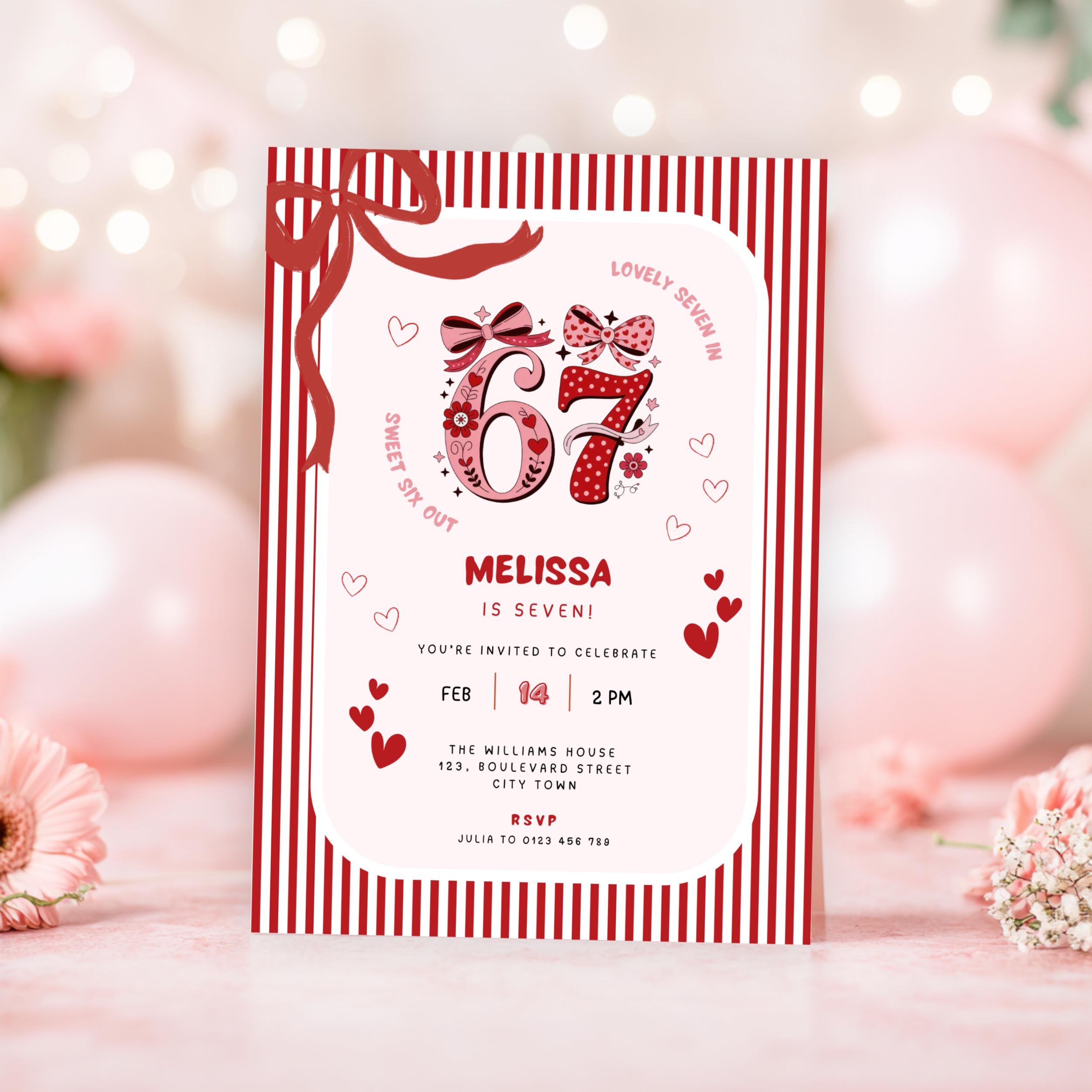 Pink Stripes Bow 6 7 Birthday Invitation