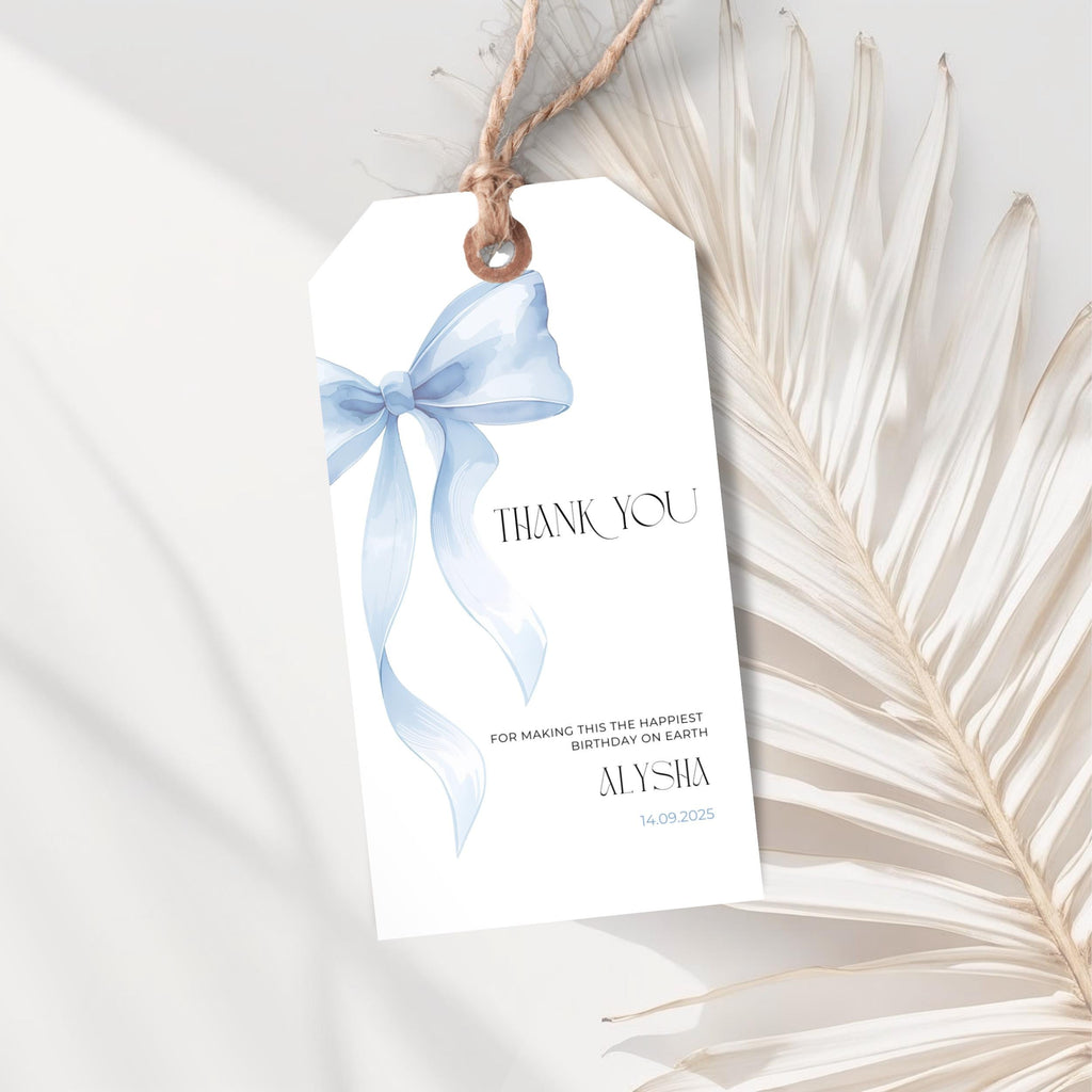 Blue Bow Thank You Birthday Favor Tag