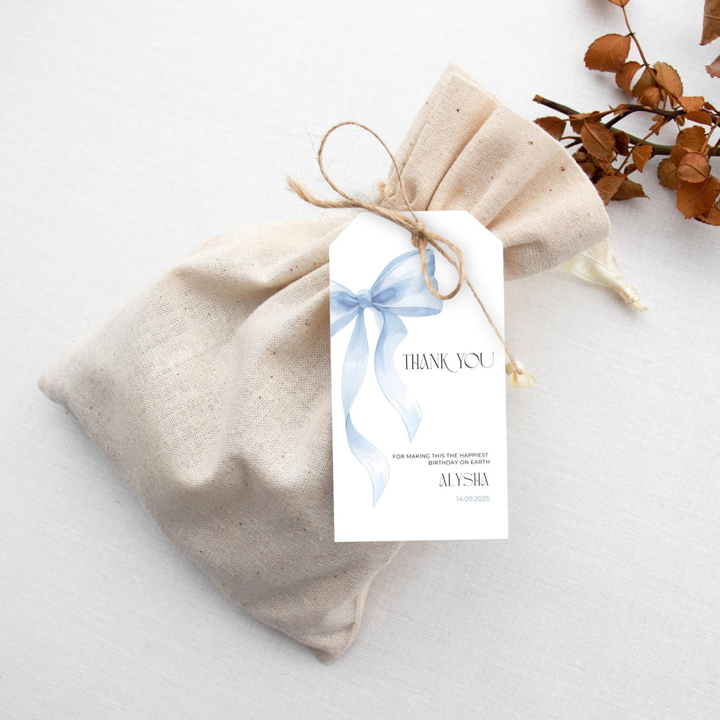Blue Bow Thank You Birthday Favor Tag
